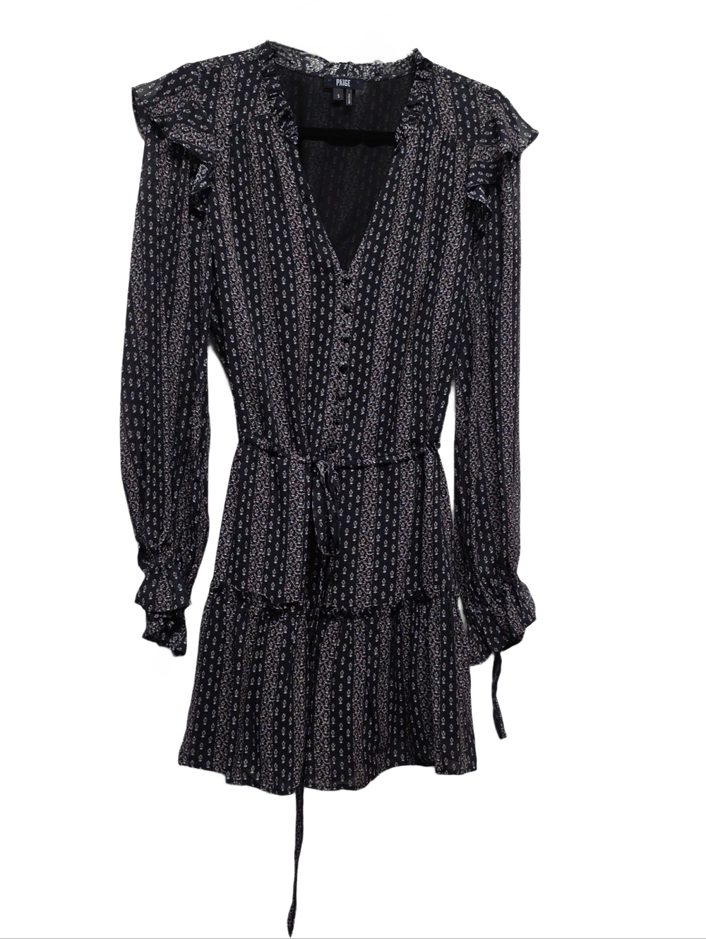 PAIGE Pomello Black Floral Silk Ruffle Long Sleeve Tie Waist Tiered Mini Dress - Picture 3 of 7